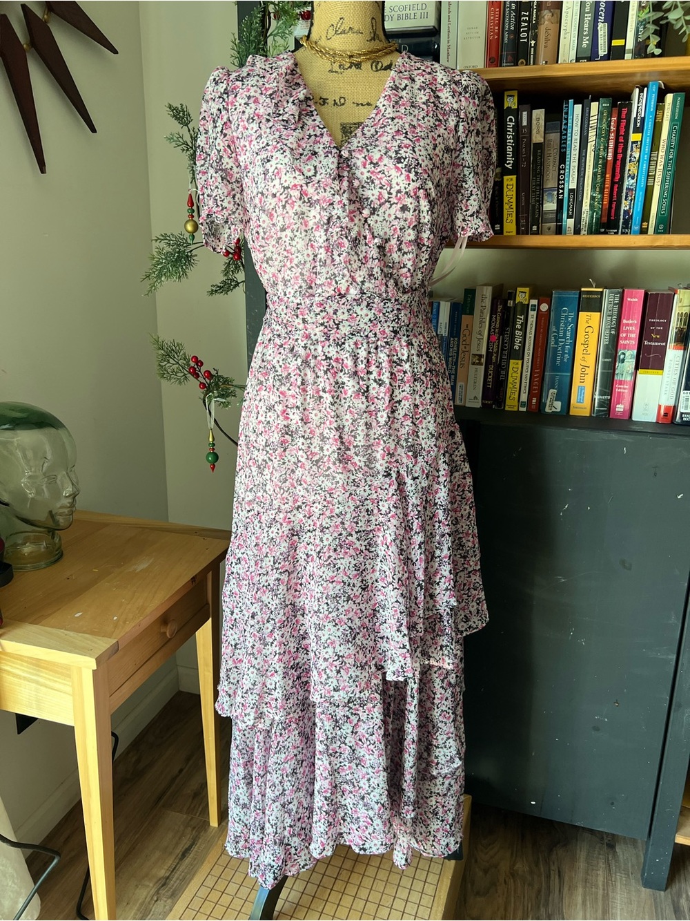 Karl Lagerfeld Pink Floral Tiered V-Neck Maxi Dress